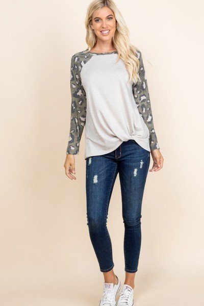 White Casual French Terry Side Twist Top With Animal Print Long Sleeves