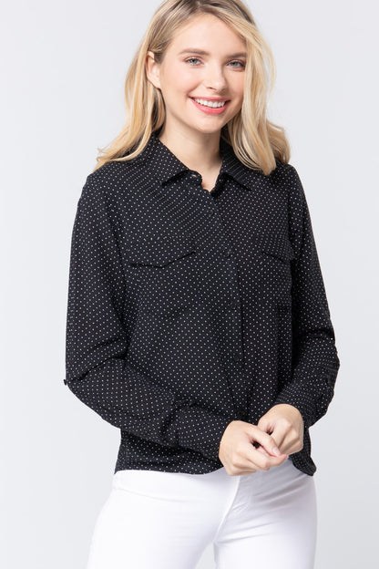 Black 3/4 Roll Up Sleeve Dot Print Shirt