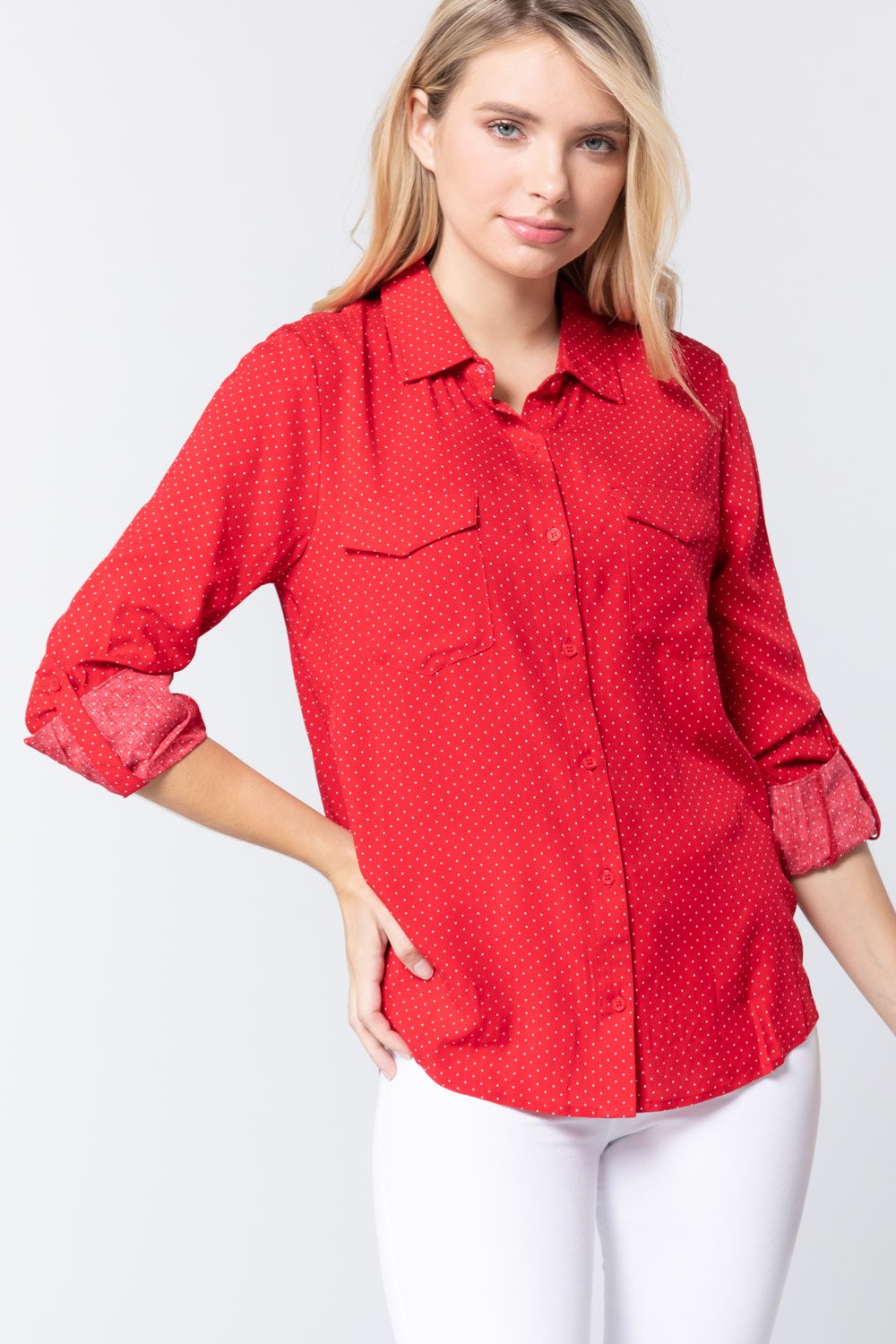 Red 3/4 Roll Up Sleeve Dot Print Shirt