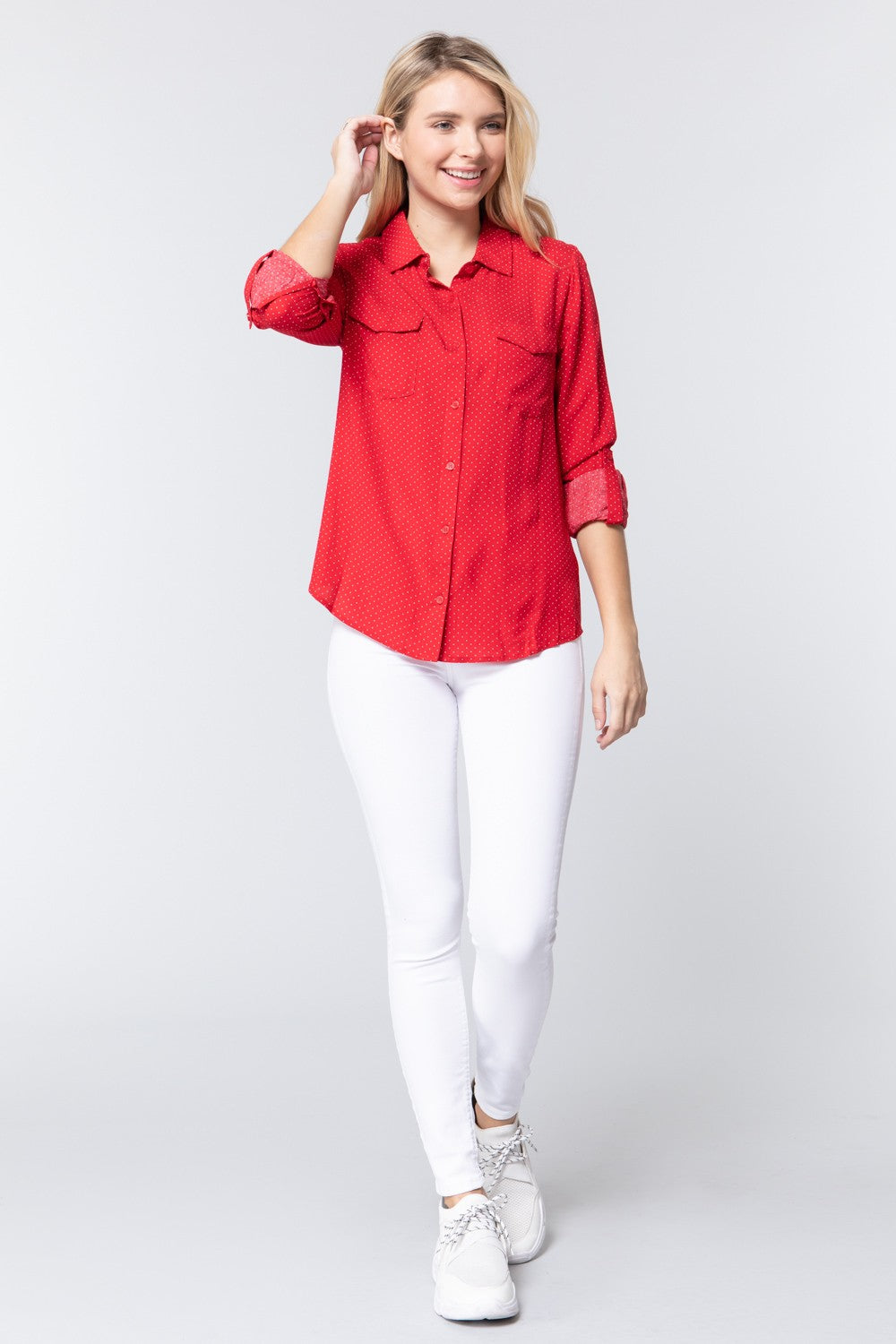 Red 3/4 Roll Up Sleeve Dot Print Shirt