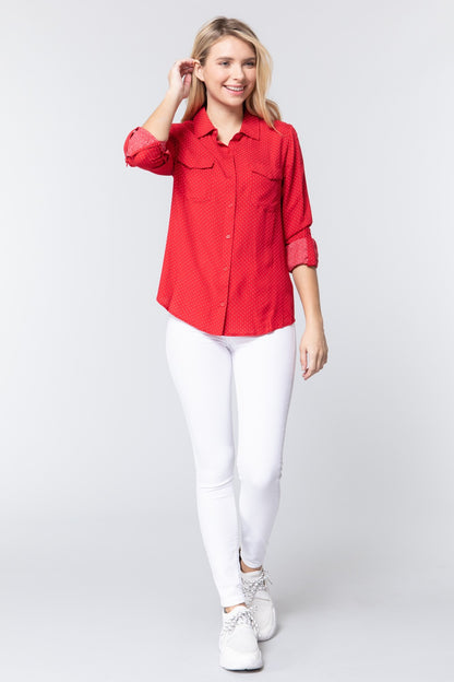 Red 3/4 Roll Up Sleeve Dot Print Shirt