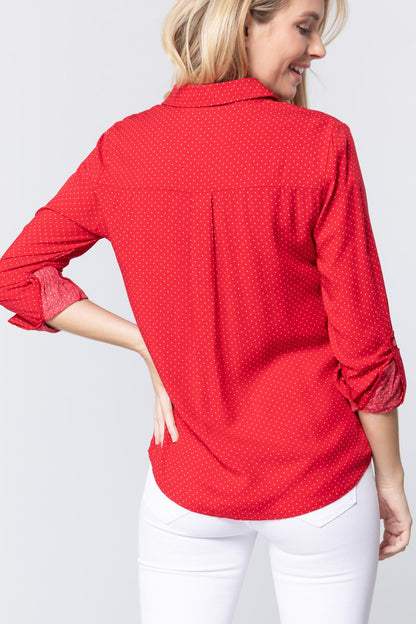 Red 3/4 Roll Up Sleeve Dot Print Shirt