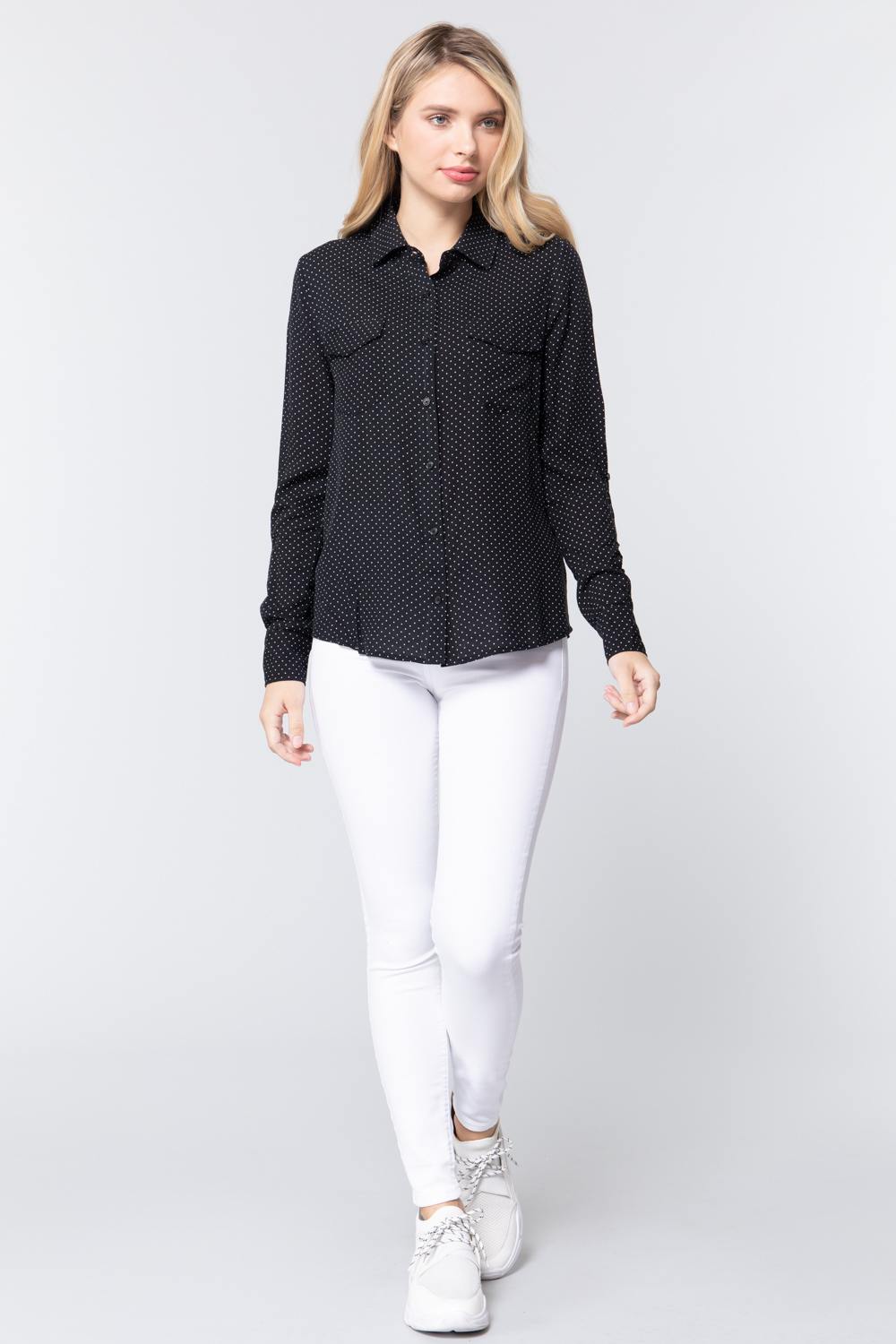 Black 3/4 Roll Up Sleeve Dot Print Shirt