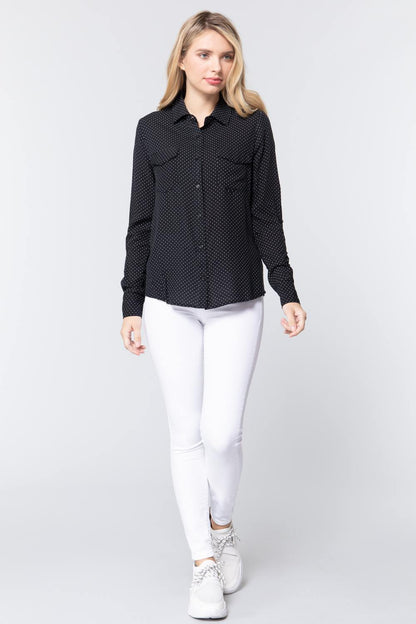 Black 3/4 Roll Up Sleeve Dot Print Shirt