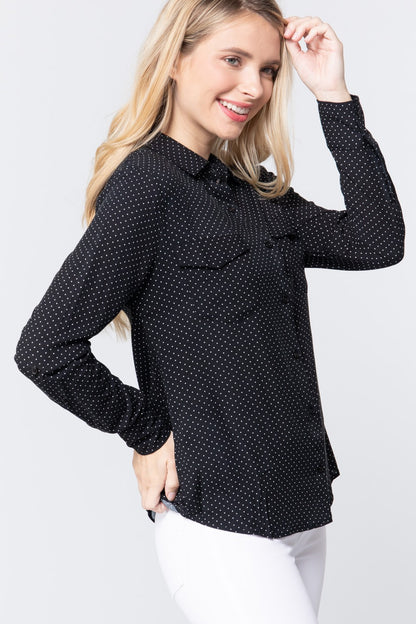 Black 3/4 Roll Up Sleeve Dot Print Shirt