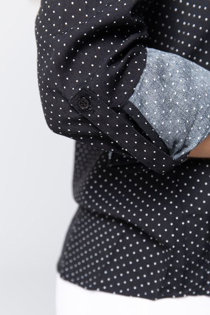 Black 3/4 Roll Up Sleeve Dot Print Shirt