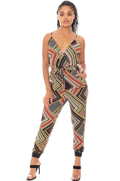 Mocha Boarder Print Wrap Drawstring Waist Jumpsuit