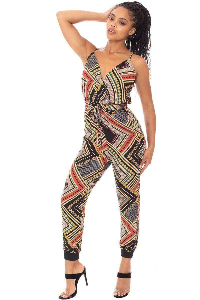 Mocha Boarder Print Wrap Drawstring Waist Jumpsuit