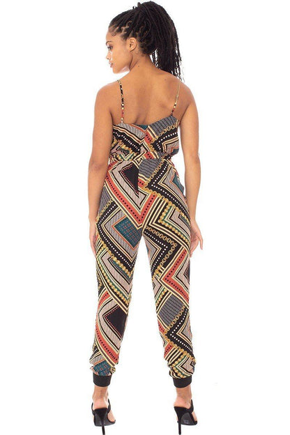 Mocha Boarder Print Wrap Drawstring Waist Jumpsuit