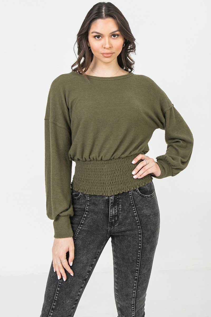 Dark Green Knit Top Featuring Wide Neckline