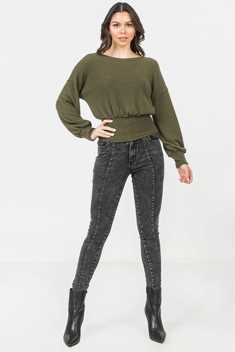 Dark Green Knit Top Featuring Wide Neckline