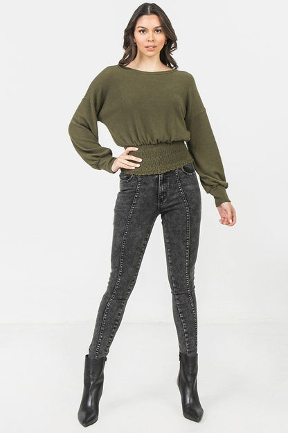 Dark Green Knit Top Featuring Wide Neckline
