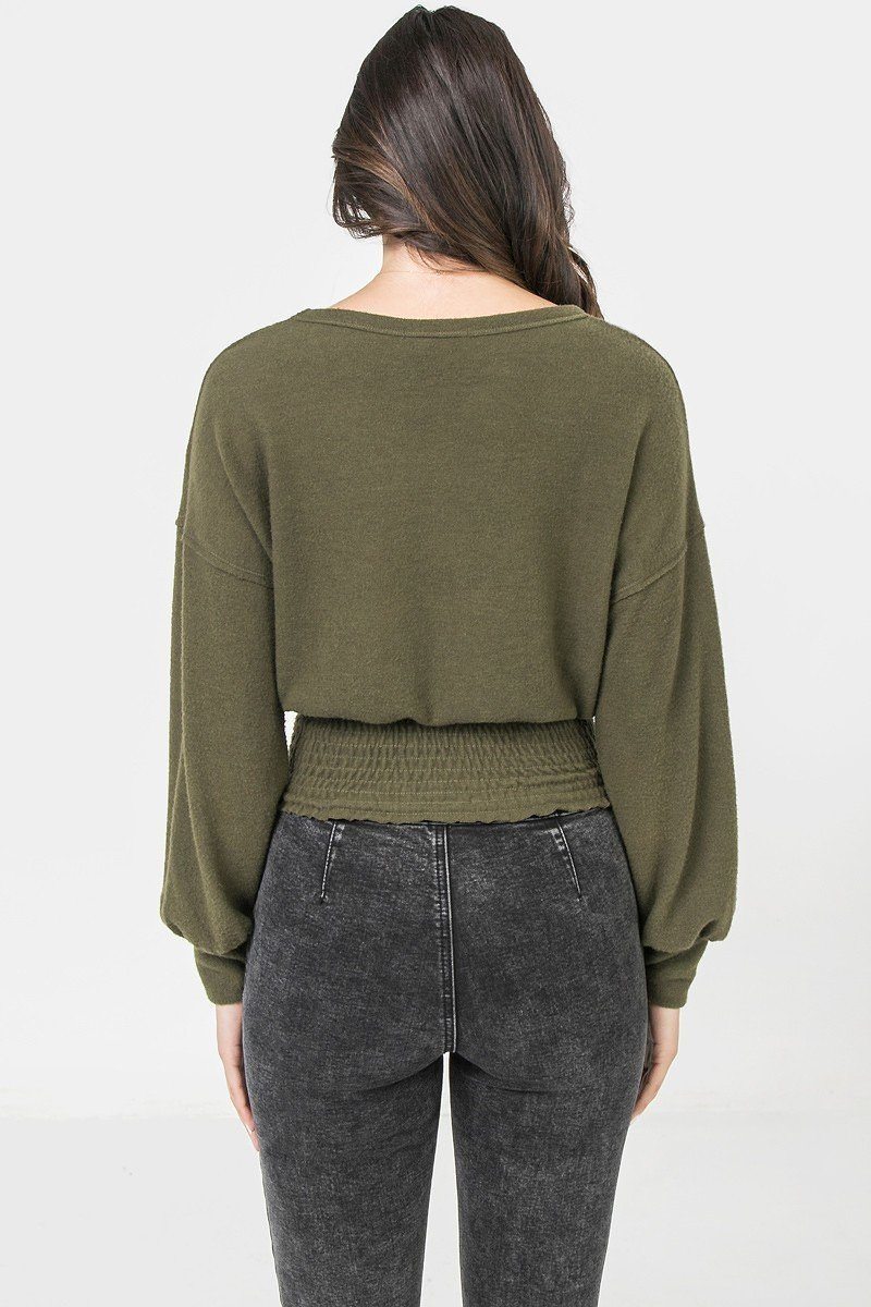 Dark Green Knit Top Featuring Wide Neckline
