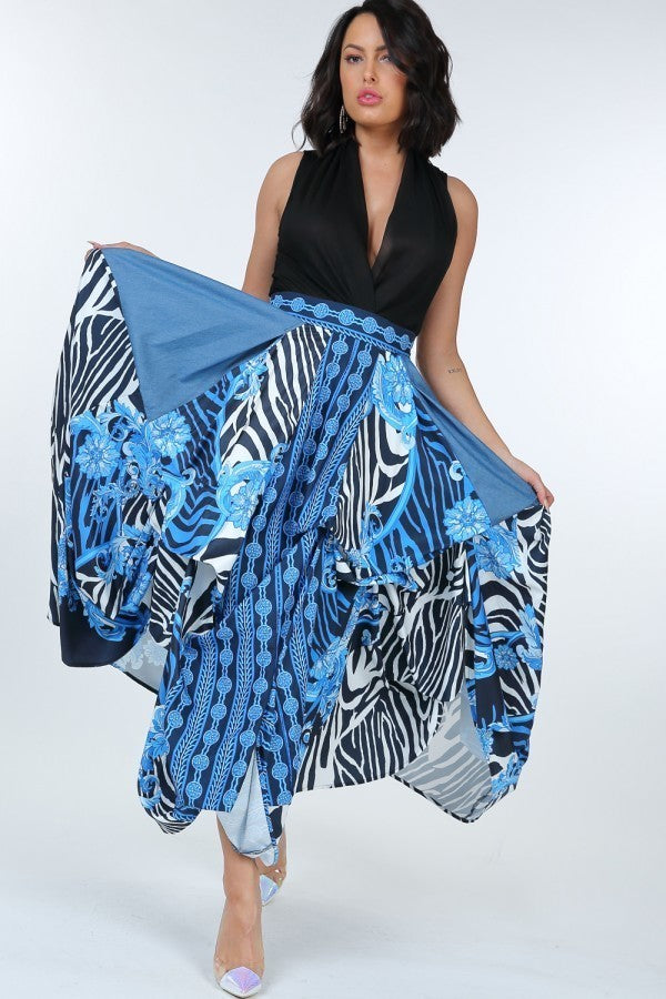 Blue Animal Chain Print Denim Tacked Maxi Skirt In Black Gold