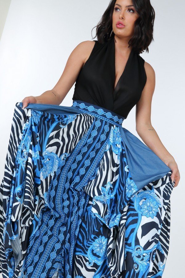 Blue Animal Chain Print Denim Tacked Maxi Skirt In Black Gold