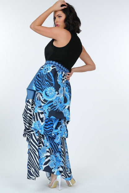 Blue Animal Chain Print Denim Tacked Maxi Skirt In Black Gold