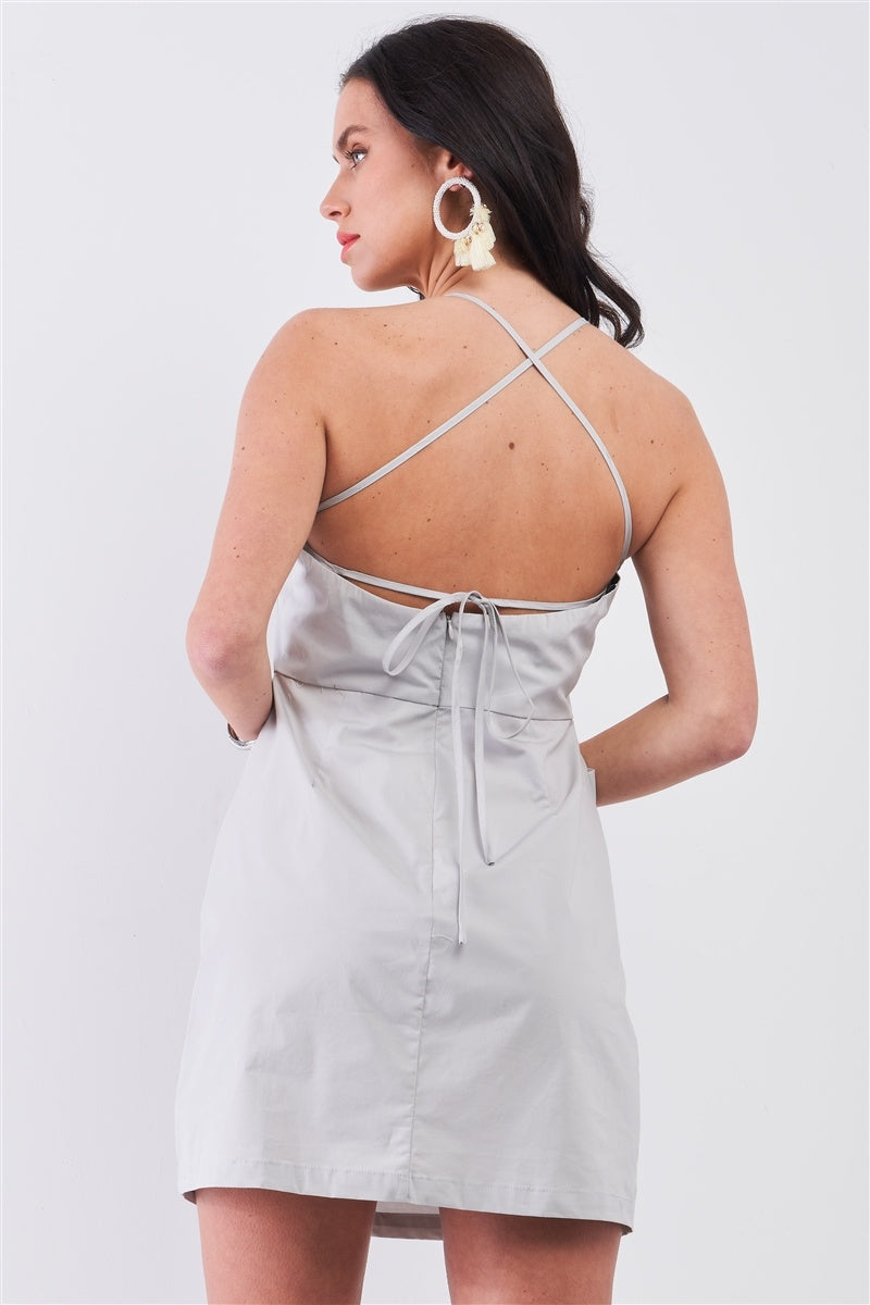 Light Grey Cotton Sleeveless Back Criss Cross Straps Square Neck Side Pockets Apron Mini Dress