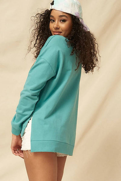 Light Sea Green Mineral Washed French Terry Graphic Sweatshirt