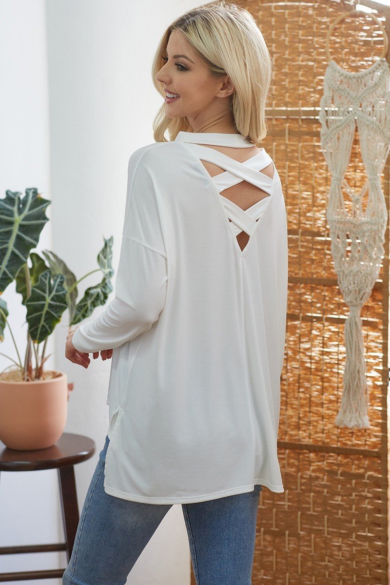 White Criss Cross Open Back Longsleeve Top
