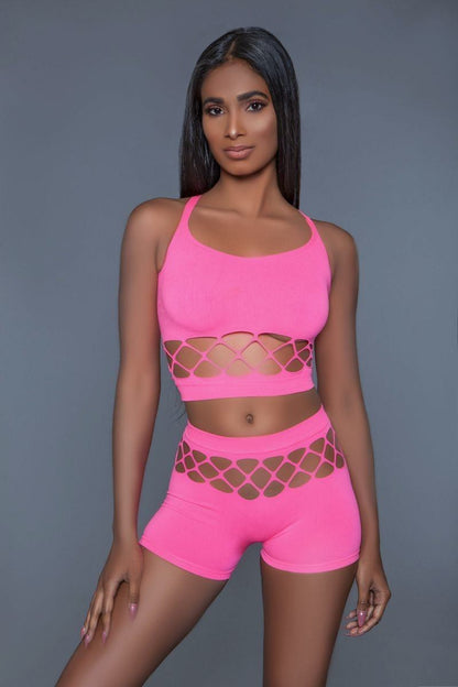 Pink 2 pc silk fishnet set, criss-cross straps and a pair of high waisted booty shorts