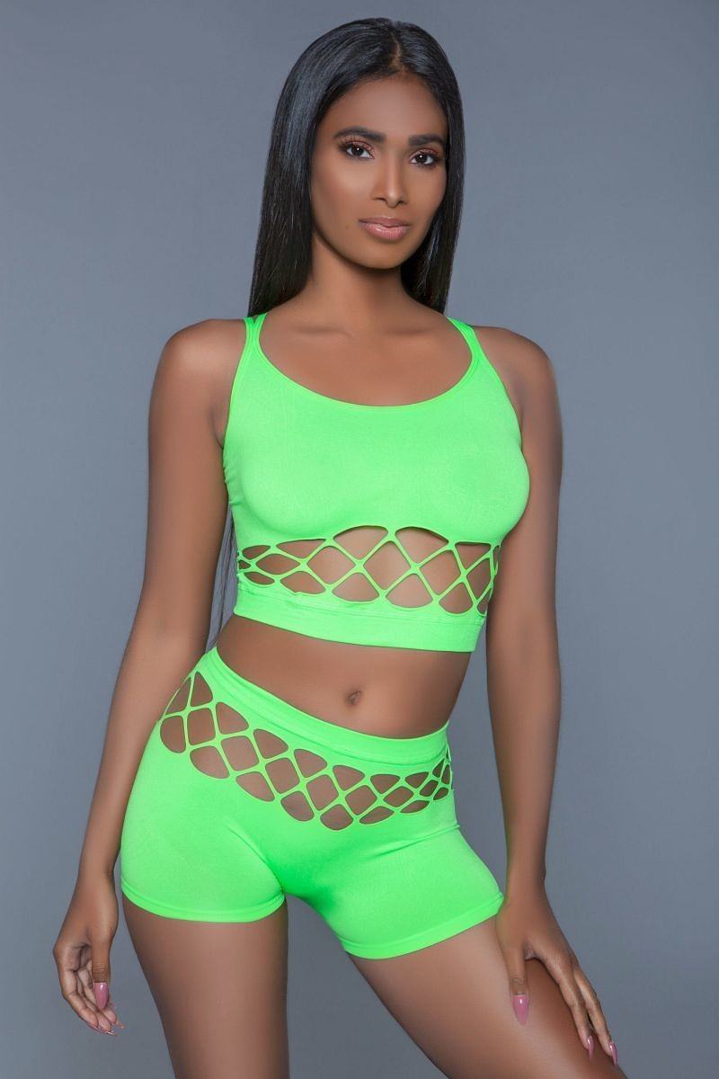 Neon Green 2 pc silk fishnet set, criss-cross straps and a pair of high waisted booty shorts.