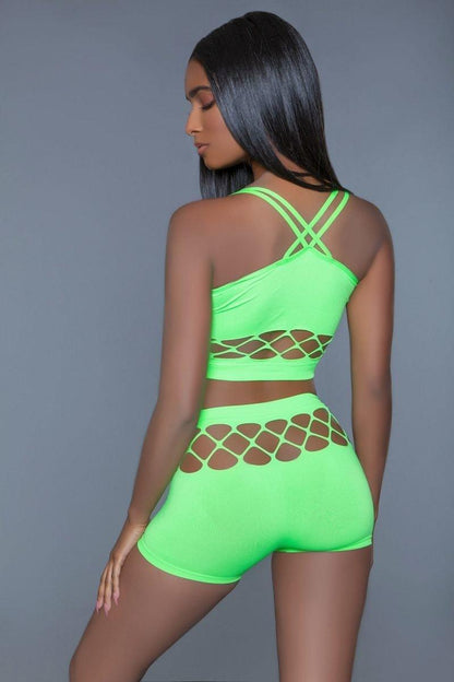 Neon Green 2 pc silk fishnet set, criss-cross straps and a pair of high waisted booty shorts.