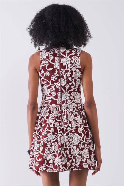 Burgundy & White Floral Crew Neck Sleeveless Fitted Mini Dress