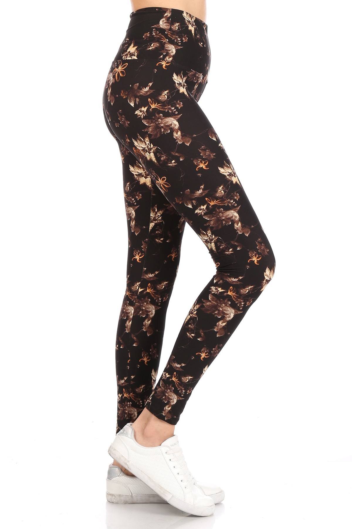 Multi-Dark Brown 5-inch Long Yoga Style Banded Lined Multi Printed Knit Legging With High Waist