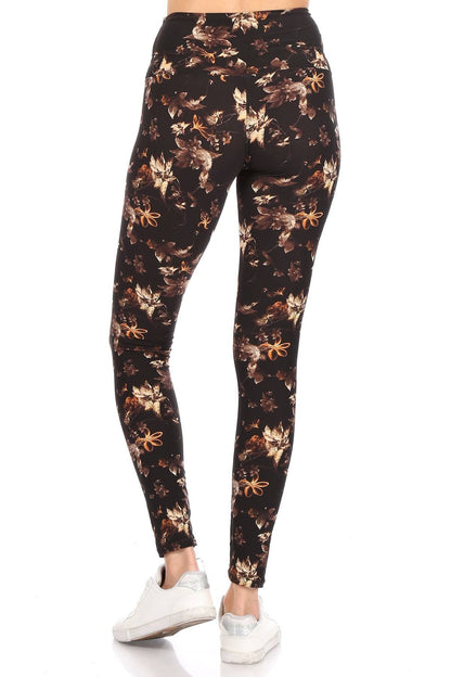 Multi-Dark Brown 5-inch Long Yoga Style Banded Lined Multi Printed Knit Legging With High Waist