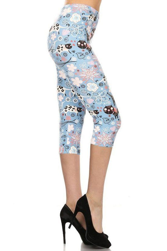 Multi-Grey Cats And Flowers Printed, High Waisted Capri Leggings