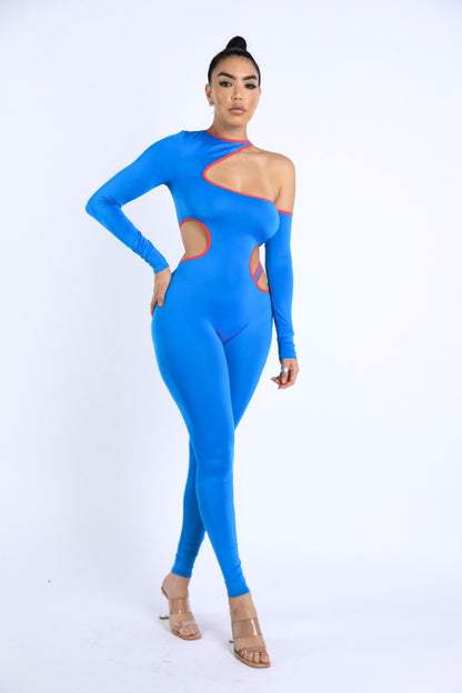 Blue Color Binding Detailed Cutout Jumpsuit