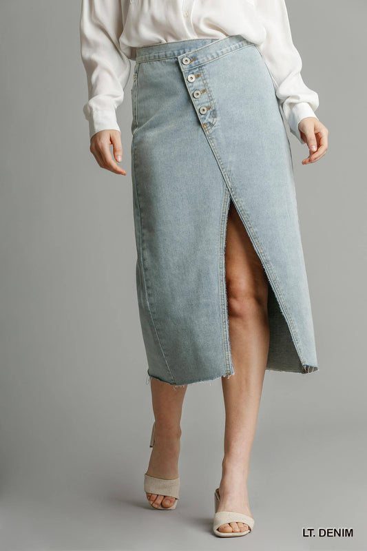 Light Grey Waist And Button Up Front Split Denim Skirt With Back Pockets And Unfinished Hem