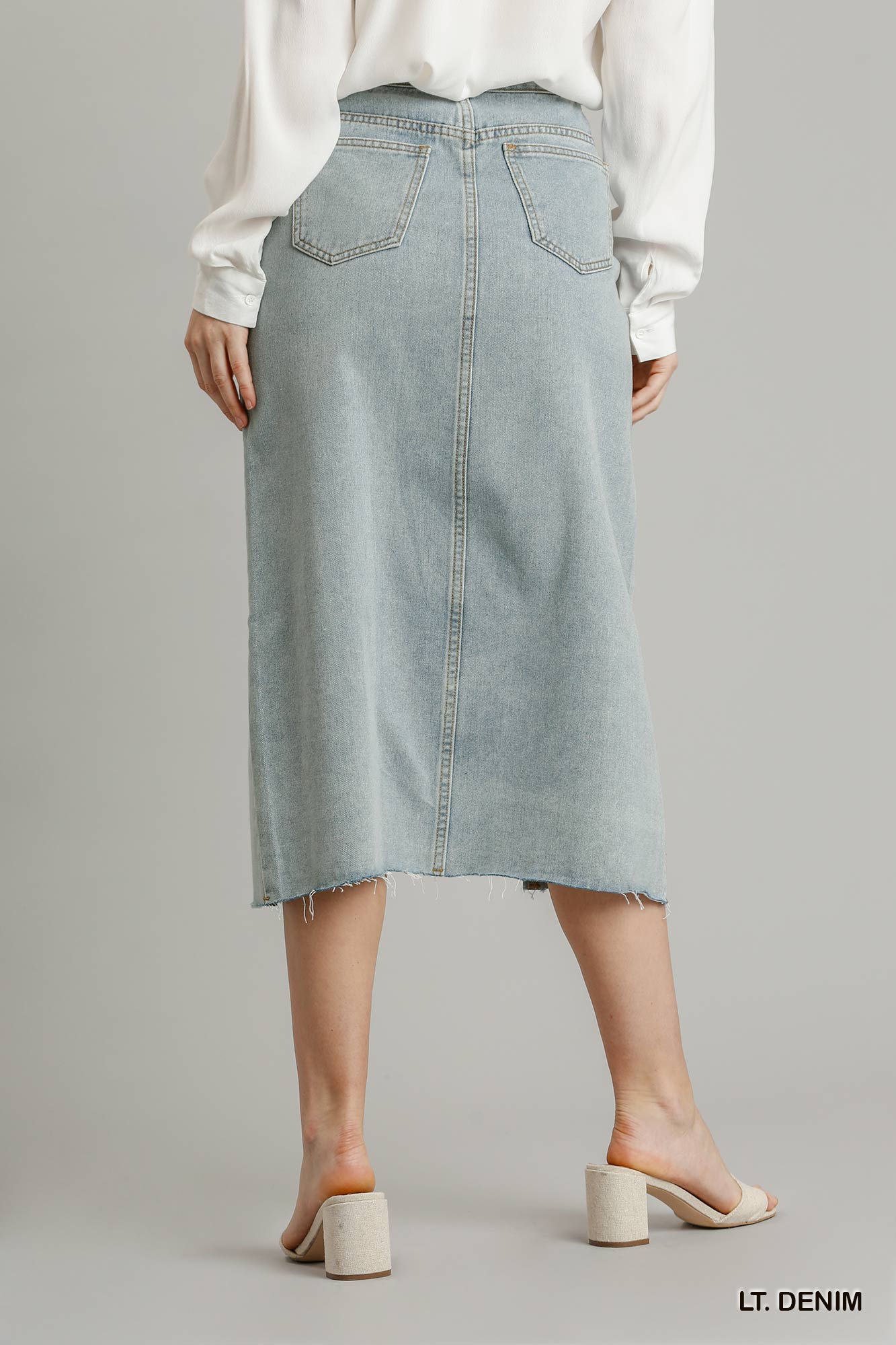 Light Grey Waist And Button Up Front Split Denim Skirt With Back Pockets And Unfinished Hem