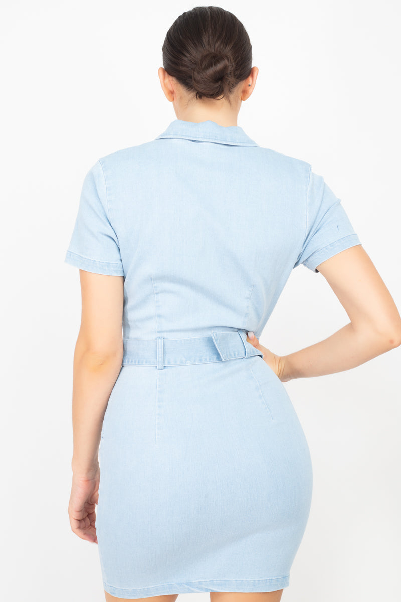 Light Blue Bodycon Collared Denim Dress