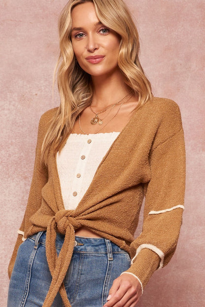 Tan Textured Knit Cardigan Sweater