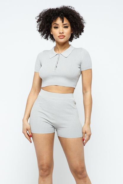 Light Grey Collar Crop Top + Shorts Set