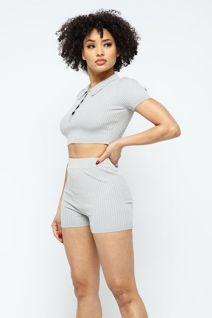 Light Grey Collar Crop Top + Shorts Set