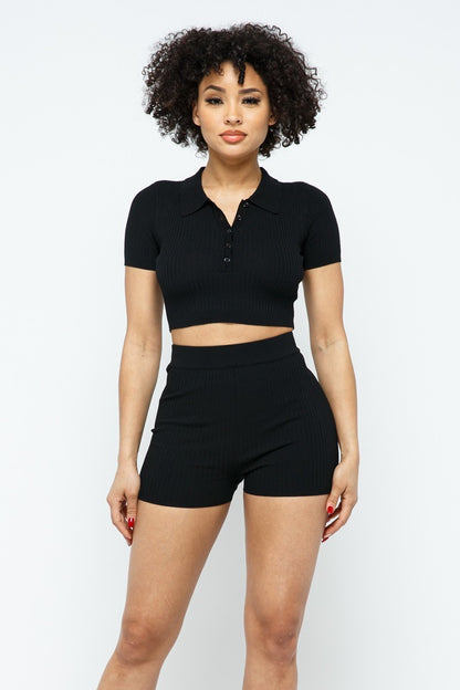 Black Collar Crop Top + Shorts Set