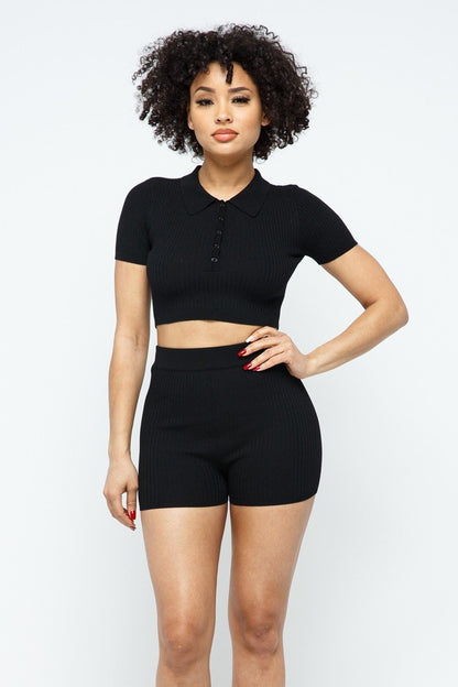 Black Collar Crop Top + Shorts Set