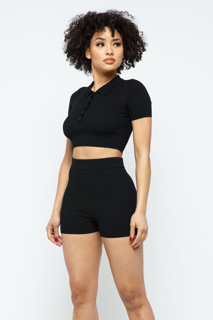 Black Collar Crop Top + Shorts Set