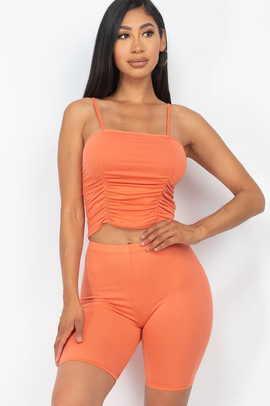 Orange Camisole Ruched Sleeveless Top & Biker Shorts Set