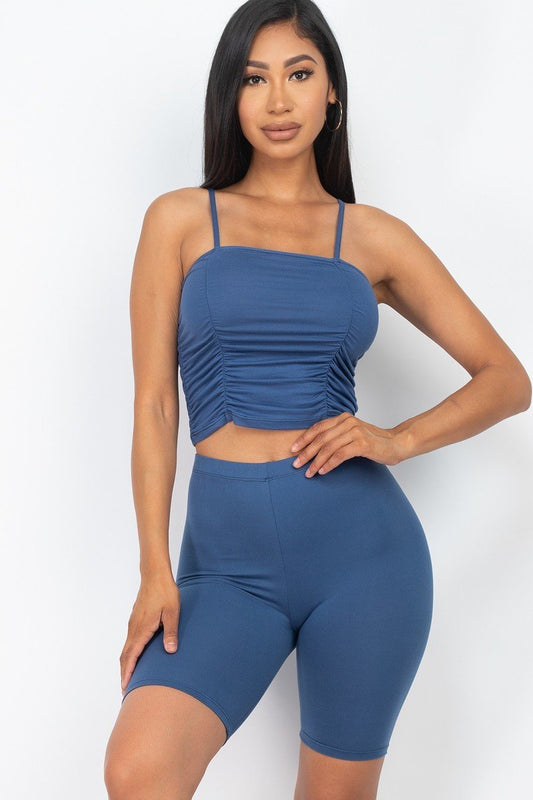 Blue Camisole Ruched Sleeveless Top & Biker Shorts Set