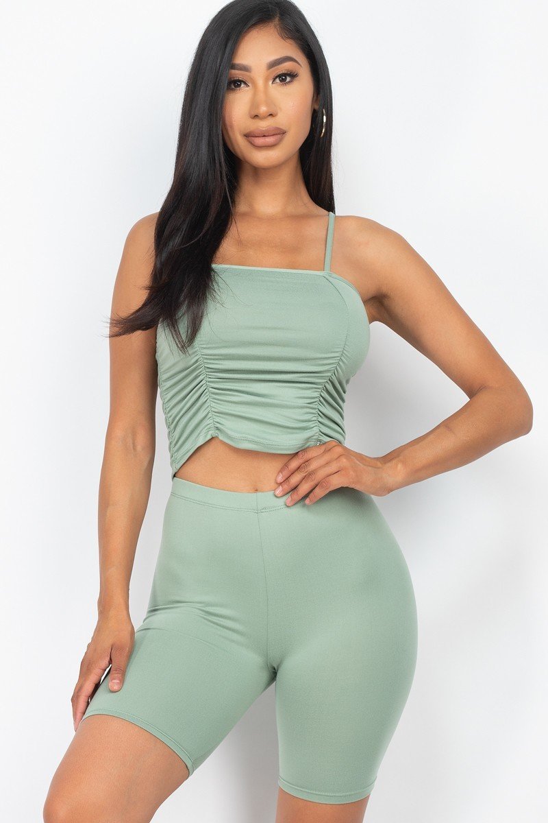 Olive Camisole Ruched Sleeveless Top & Biker Shorts Set