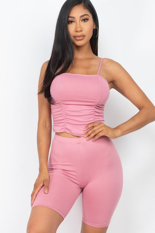 Pink Camisole Ruched Sleeveless Top & Biker Shorts Set