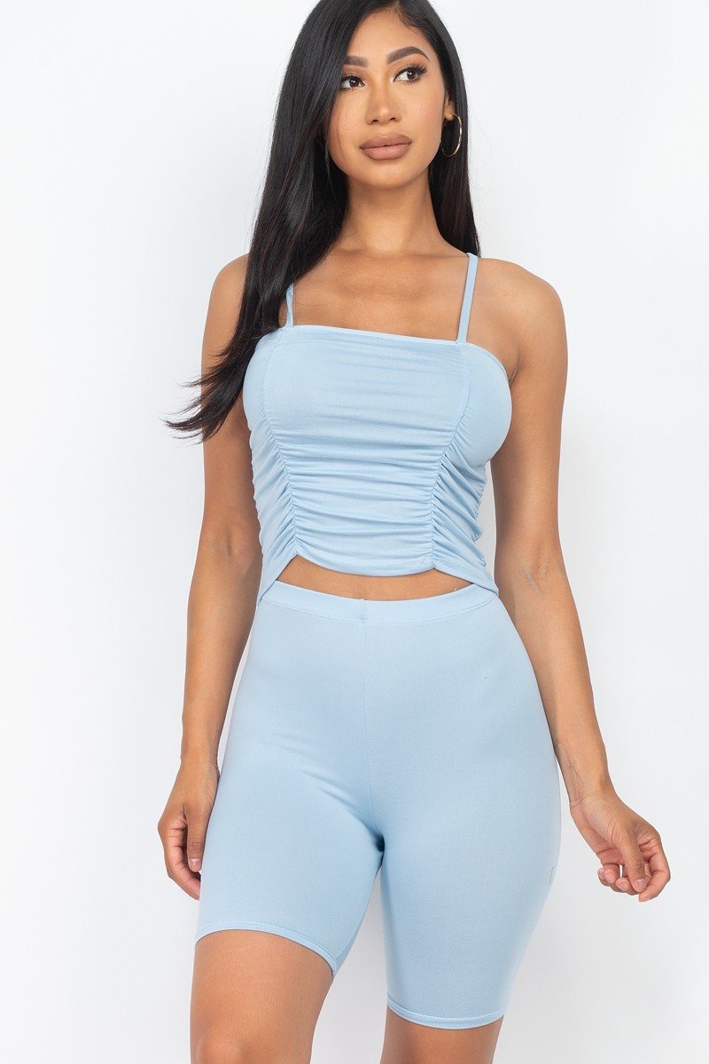 Baby Blue Camisole Ruched Sleeveless Top & Biker Shorts Set