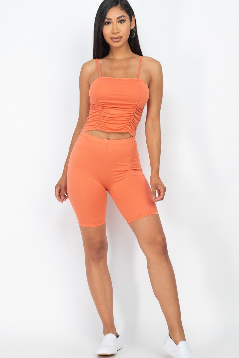 Orange Camisole Ruched Sleeveless Top & Biker Shorts Set