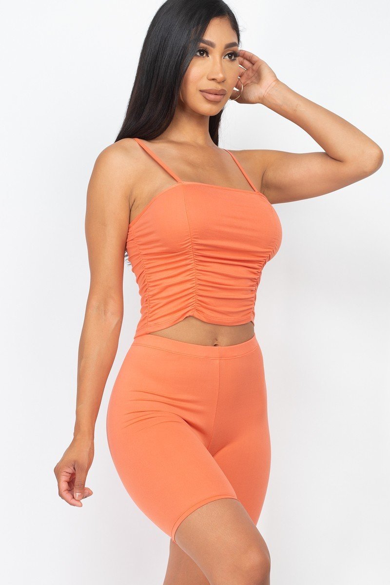 Orange Camisole Ruched Sleeveless Top & Biker Shorts Set