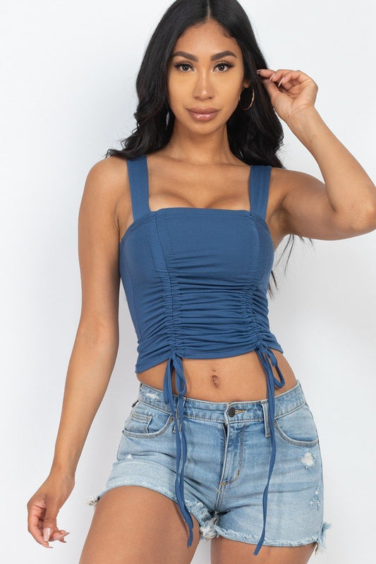 Blue Adjustable Front Ruched With String Square Neck Crop Tops