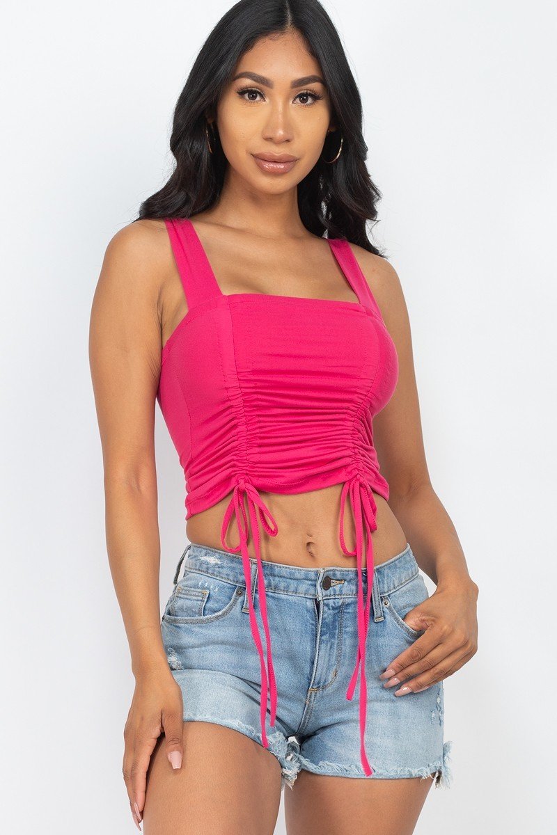 Hot Pink Adjustable Front Ruched With String Square Neck Crop Tops