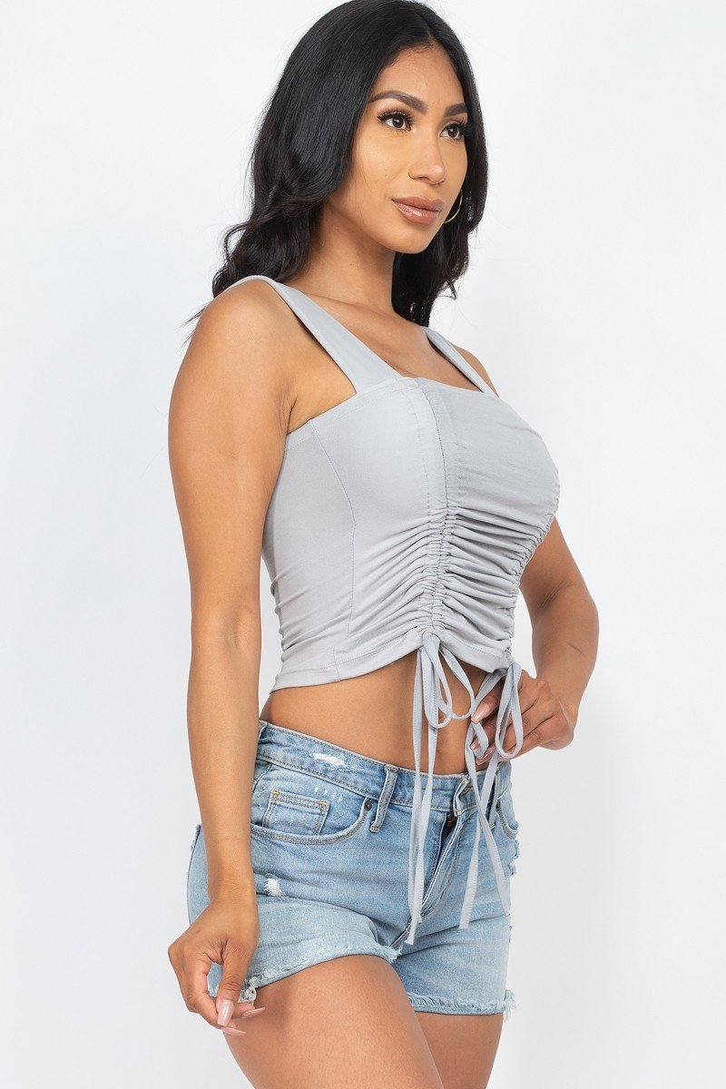 Gray Adjustable Front Ruched With String Square Neck Crop Tops